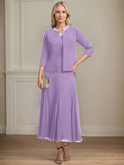 Separates A-line Scoop Tea-Length Chiffon Mother of the Bride Dress With Sequins Beading