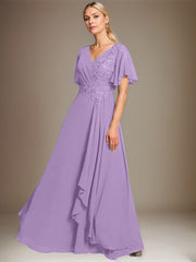 A-line V-Neck Floor-Length Lace Chiffon Mother of the Bride Dress With Cascading Ruffles Sequins