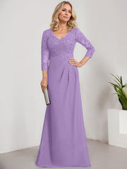 Sheath/Column V-Neck Illusion Floor-Length Lace Chiffon Mother of the Bride Dress With Pleated Sequins
