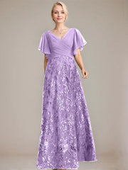 A-line V-Neck Floor-Length Lace Sequin Chiffon Mother of the Bride Dress With Pleated