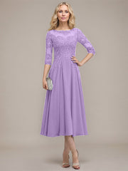 A-line Scoop Illusion Tea-Length Chiffon Lace Mother of the Bride Dress With Sequins Beading