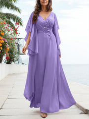 A-Line V-Neck Floor-Length Chiffon Mother Of The Bride Dresses With Appliques Lace