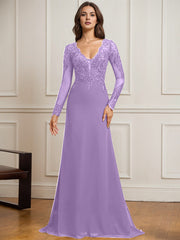 Sheath/Column V-Neck Detachable Sweep Train Lace Tulle Chiffon Mother of the Bride Dress With Sequins
