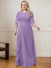 A-line Scoop Floor-Length Lace Chiffon Mother of the Bride Dress With Cascading Ruffles Sequins
