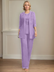 Jumpsuit/Pantsuit Separates Scoop Floor-Length Chiffon Lace Mother of the Bride Dress With Sequins