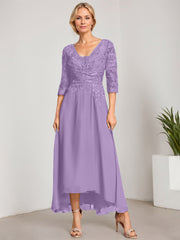 A-line V-Neck Asymmetrical Chiffon Lace Mother of the Bride Dress With Pleated Beading