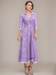 A-line V-Neck Tea-Length Chiffon Mother of the Bride Dress