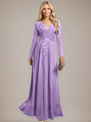 A-line V-Neck Floor-Length Stretch Crepe Evening Dress With Pleated Sequins Appliques Lace