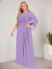A-line Scoop Illusion Floor-Length Lace Chiffon Mother of the Bride Dress With Sequins Pleated