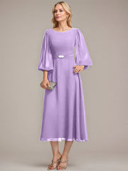 A-line Scoop Tea-Length Chiffon Mother of the Bride Dress With Crystal Brooch Pleated