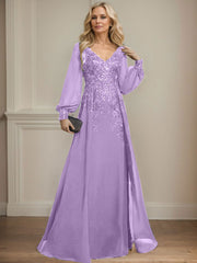A-Line V-Neck Long Sleeves Floor-Length Chiffon Mother Of The Bride Dresses With Lace