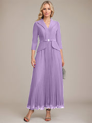 A-line Collared V-Neck Ankle-Length Chiffon Mother of the Bride Dress With Beading Pleated