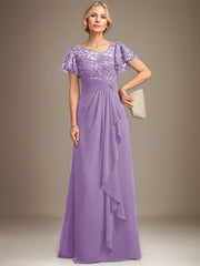 A-line Asymmetrical Illusion Floor-Length Lace Chiffon Mother of the Bride Dress With Cascading Ruffles Sequins
