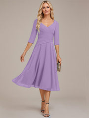 A-line V-Neck Tea-Length Chiffon Mother of the Bride Dress With Pleated
