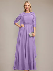 A-line Scoop Illusion Floor-Length Lace Chiffon Mother of the Bride Dress With Pleated