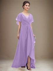 A-line V-Neck Asymmetrical Chiffon Mother of the Bride Dress With Sequins Beading Cascading Ruffles