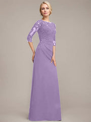 A-line Scoop Floor-Length Chiffon Lace Mother of the Bride Dress With Sequins Beading Pleated