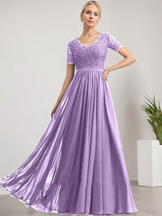 A-line V-Neck Floor-Length Lace Chiffon Mother of the Bride Dress