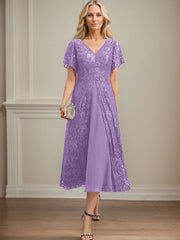 A-line V-Neck Tea-Length Lace Chiffon Mother of the Bride Dress