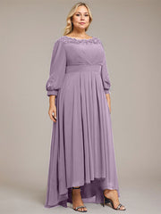 A-line Scoop Asymmetrical Chiffon Mother of the Bride Dress With Pleated Appliques Lace