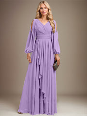 A-line Cold Shoulder V-Neck Floor-Length Chiffon Mother of the Bride Dress With Cascading Ruffles Beading