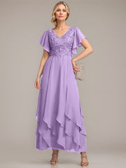 A-line V-Neck Ankle-Length Lace Chiffon Mother of the Bride Dress With Cascading Ruffles