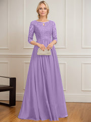 A-line Scoop Floor-Length Lace Chiffon Mother of the Bride Dress With Crystal Brooch Sequins