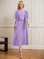 A-line Scoop Tea-Length Lace Chiffon Mother of the Bride Dress With Sequins