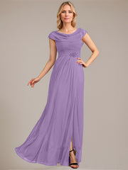 A-line Scoop Floor-Length Mesh Mother of the Bride Dress With Pleated Beading