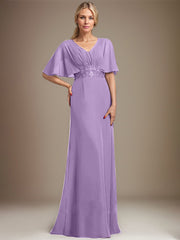 A-line V-Neck Floor-Length Chiffon Mother of the Bride Dress With Sequins Appliques Lace Pleated