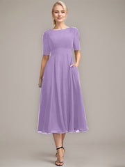 A-line Scoop Tea-Length Chiffon Mother of the Bride Dress With Appliques Lace Sequins