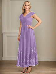 A-line V-Neck Ankle-Length Chiffon Mother of the Bride Dress With Bow Sequins Appliques Lace