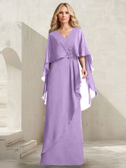 A-line V-Neck Floor-Length Chiffon Mother of the Bride Dress With Cascading Ruffles Beading