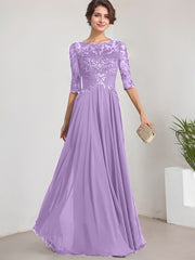A-line Scoop Illusion Floor-Length Lace Chiffon Mother of the Bride Dress With Pleated Sequins