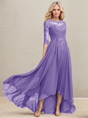 A-line Scoop Illusion Asymmetrical Lace Chiffon Mother of the Bride Dress With Pleated Sequins