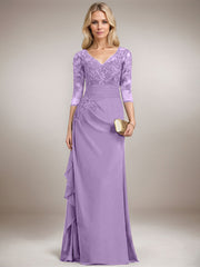 A-line V-Neck Floor-Length Lace Chiffon Mother of the Bride Dress With Cascading Ruffles