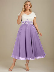 A-line V-Neck Tea-Length Satin Chiffon Mother of the Bride Dress With Appliques Lace