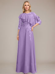 A-line Scoop Illusion Floor-Length Chiffon Lace Mother of the Bride Dress With Ruffle Sequins Beading