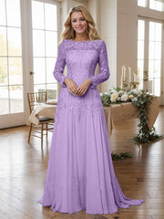 A-line Bateau Long Sleeves Appliques Lace Sweep Train Chiffon Mother of the Bride Dres