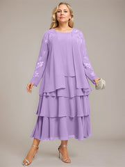 A-line Scoop Tea-Length Chiffon Mother of the Bride Dress With Cascading Ruffles