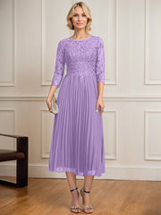 A-line Scoop Illusion Tea-Length Lace Chiffon Mother of the Bride Dress With Sequins Pleated