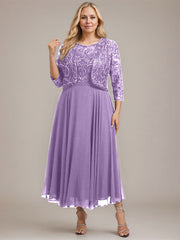 A-line Boat Neck Illusion Tea-Length Lace Chiffon Mother of the Bride Dress With Sequins