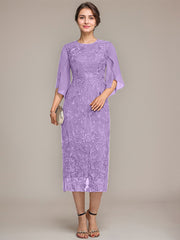 Sheath/Column Scoop Tea-Length Lace Chiffon Mother of the Bride Dress