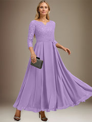A-line V-Neck Ankle-Length Chiffon Lace Mother of the Bride Dress With Rhinestone