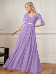 A-Line Floor-Length V-Neck Lace Chiffon Mother of the Bride Dress