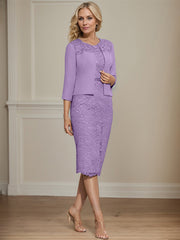 Sheath/Column Scoop Knee-Length Chiffon Lace Mother of the Bride Dress With Beading