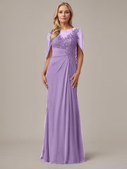 A-Line Floor-Length Boat-Neck Lace Capelet Chiffon Mother of the Bride Dress