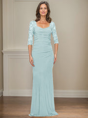 Sheath/Column Square Neckline 3/4 Sleeves Floor-Length Jersey Mother Of The Bride Dresses With Lace