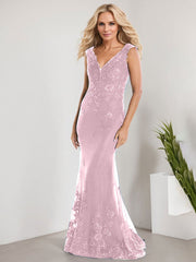 A-line V-Neck Floor-Length Lace Chiffon Mother of the Bride Dress With Applique Sequins Mermaid Dresses