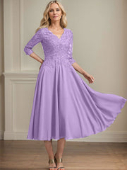 A-line V-Neck Tea-Length Chiffon Lace Mother of the Bride Dress With Beading Sequins